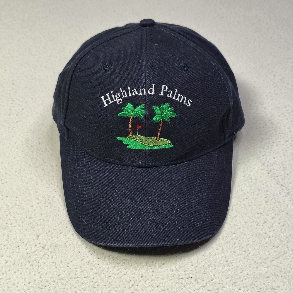 Highland Palms Golf Hat Cap Strap Back One Size Navy Blue Cotton Panel Mens